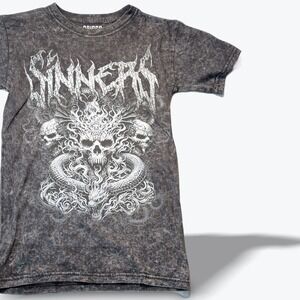 Brisco Brands Sinners Skull Dragon Acid Wash Grey Graphic Tee Mens Small Grunge